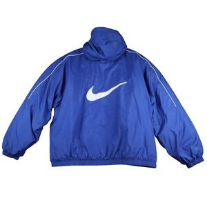 VINTAGE 90s Nike Men's Blue Hooded Windbreaker Puff Jacket Large‎ Swoosh Logo XL